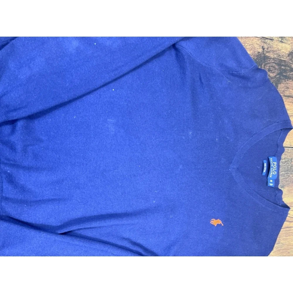 Polo Ralph Lauren 100% Pima Cotton V Neck Sweater Mens Medium Blue Pullover Pony